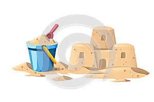 Simple sand castle with blue bucket and red shovel. Cartoon design. Flat vector illustration isolated on white background