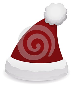 Simple Santa`s Hat with Red Velvet, White Fur and Pompom, Vector Illustration