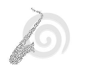 Simple saxophone silhouette made from chaotic music notes in black and white, vector