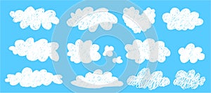 Simple scribble white clouds set. Cute and kawaii elements collection on blue bg like a png. Vector naive art