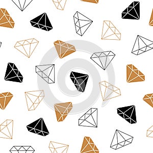Simple seamless background with a silhouette of a diamond. Black and gold style diamonds background. Geometric seamless pattern wi