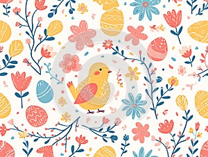 simple seamless doodle easter themed pattern, light pastel colors,birds and flowers and eggs