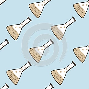 Simple seamless doodle pattern with chemical lab flask ornament. Educaion cartoon elements in beige and white tones on blue