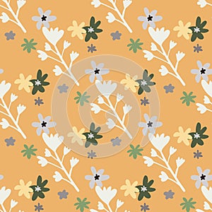 Simple seamless doodle pattern with white and blue floral ornament. Orange background