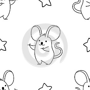 Simple seamless pattern, black and white cute kawaii hand drawn mouse doodles, coloring pages