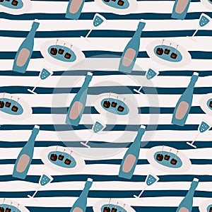 Simple seamless pattern with blue bottles and dishes. White and blue stripped background. Simple romantic backdrop
