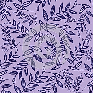 Simple seamless pattern with blue outline branches and leaves on blue background. Linen, textile, bed clothing, fashion, fabric, w