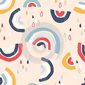 Simple seamless pattern with cartoon rainbows, decor elements.Creative scandinavian kids texture for fabric, wrapping, textile, wa