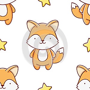 Simple seamless pattern, cute kawaii hand drawn fox doodles