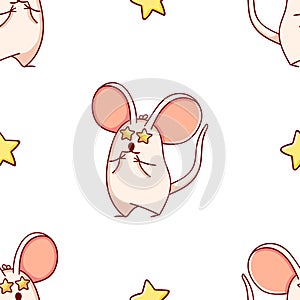 Simple seamless pattern, cute kawaii hand drawn mouse doodles