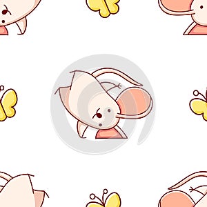 Simple seamless pattern, cute kawaii hand drawn mouse doodles