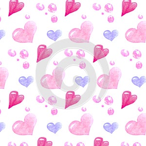 Simple seamless pattern with hand drawn watercolor hearts and soap bubbles on white background. Can be used as wallpaper,