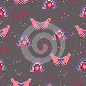 Simple seamless pattern. Hands with a heart, a rainbow.