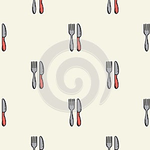 Simple seamless pattern with kitchen design, cutlery, fork and knife. Vector background for design of kitchen, cafe