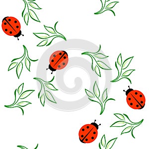 Simple seamless pattern of ladybugs and green leaves of the plant. Red beetle with black dots, circles.