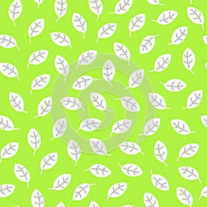 Simple seamless pattern with leaves made in linear flat style on green background.