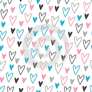 Simple seamless pattern with pink, blue and gray hand drawn hearts on white background. For children\'s room, wallpaper