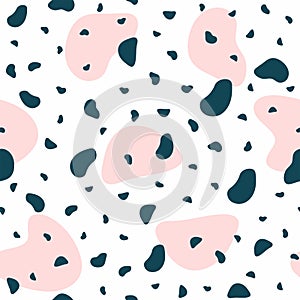 Simple seamless pattern with randomly scattered abstract shapes.