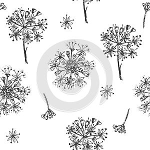 Simple seamless pattern with Realistic Botanical ink sketch ginseng flowers solated on white, floral herbs collection