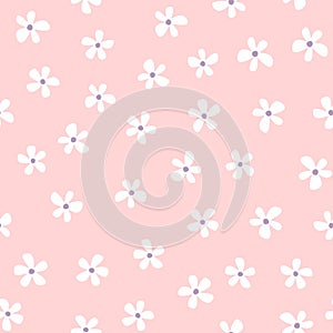 Simple seamless pattern with repeated white flowers on pink background.