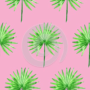 Simple seamless pattern with watercolor palm leaves on bright pink. Texture with tropical leaf repeat