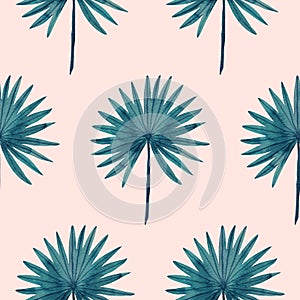 Simple seamless pattern with watercolor palm leaves on light peach background. Hand painted texture with tropical leaf