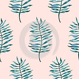Simple seamless pattern with watercolor palm leaves on light peach background. Texture with tropical leaf repeat