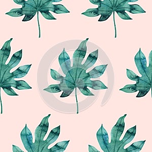 Simple seamless pattern with watercolor palm leaves on light peach background. Texture with tropical leaf repeat