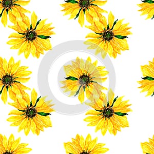 A simple seamless pattern of watercolor yellow sunflowers stacked on top of each other on a white background. simple summer
