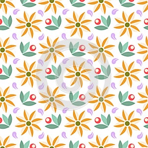 Simple seamless pattern of yellow flowers with green leaves and red berries on white background.