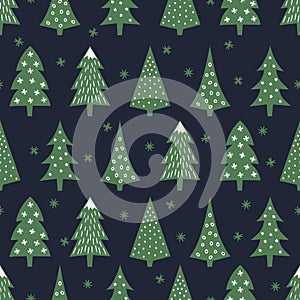 Simple seamless retro Christmas pattern - varied Xmas trees and snowflakes.