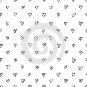 Simple seamless vector pattern of abstract hand-drawn hearts on a white background.