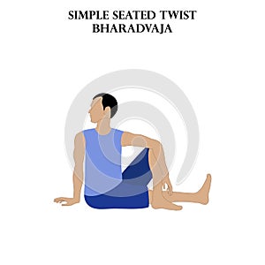 Simple seated twist yoga workout. Bharadvaja. Man doing yoga illustration