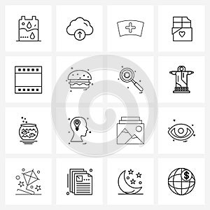 Simple Set of 16 Line Icons such as media, valentines, nurse cap, snack, bar