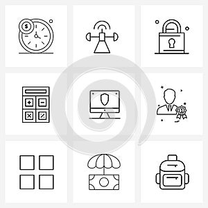 Simple Set of 9 Line Icons such as avatar, protection technology, interaction, certified security, education