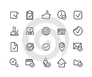 Simple Set of Approve Related Vector Line Icons. Contains such Icons as Thumbs up, Stamp, Check List and more. Editable