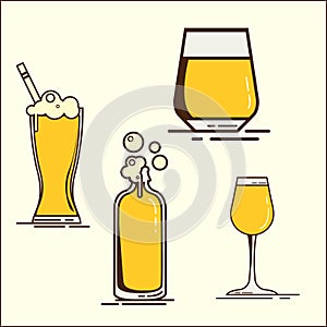 Simple set of beer glass icons of oktoberfest. Oktoberfest Collection. Set of flat beer icons with froth. Beer bottle, glas