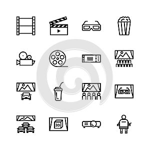 Simple set of cinema related icons. Cinema for cars, 3D glasses, popcorn, cola, movie projector, ticket, spectator