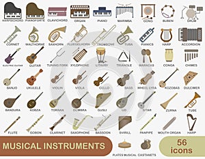 A simple set of colored musical instruments. Images of various musical instruments with titles