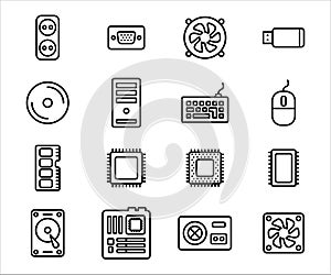 Simple Set of computer component and peripheral Related Vector icon graphic design. Contains such Icons as processor, power supply