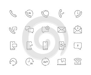 Simple set of Contacts related vector line web icons such as Call us, Message, Mobile and more.