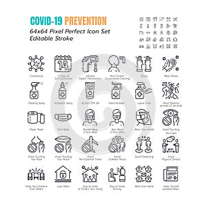 Simple Set of Coronavirus Prevention COVID-19 Line Icons. such Icons as Gloves, Mask, Social Distancing, Stay Home, Quarantine,