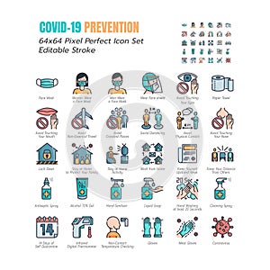 Simple Set of Coronavirus Prevention COVID-19 Filled Line Icons. such Icons as Gloves, Mask, Social Distancing, Stay Home,