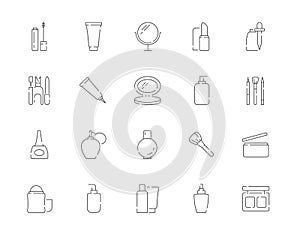 Simple set of Cosmetic products and Makeup vector line web icons.