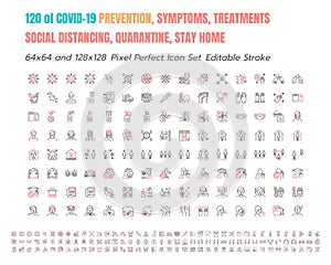 Simple Set of Covid-19 Prevention Bicolor Line Outline Icons. such Icons as Protective Measures, Coronavirus, Social Distancing,