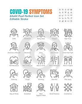 Simple Set of Covid-19 Symptoms Line Outline Icons. such Icons as Cough, Sore Throat, Vomiting, Shortness of Breath, Coronavirus,