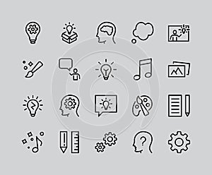 Simple Set of Creativity Related Vector Line Icons. Contains such Icons as Inspiration, Idea, Brain, Teacher, Music, Lamp, Gears,