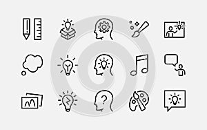 Simple Set of Creativity Related Vector Line Icons. Contains such Icons as Inspiration, Idea, Brain and more. Editable Stroke. 48x