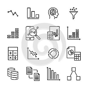 Simple set of data analytics related outline icons.