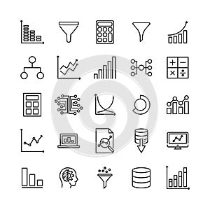 Simple set of data analytics related outline icons.